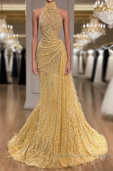 Yellow Evening Dresses Long High Neck Sparkly Feather Luxury Bling Evening Gown Formal Semi Formal Prom Dress